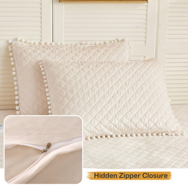 LIFEREVO Set of 2 Diamond Quilted Velvet Bed Pillowcases 20"x26", Pom Poms Fringe Decorative Throw Pillow Shams, Soft Bed Pillow Cases Zipper Closure for Teen's Girls Bedroom (Beige, Standard) - Image 4